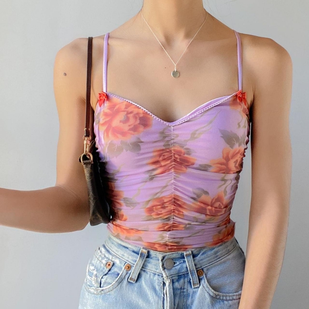 Urban Outfitters Mesh Ruched Bow Floral Print Crop Cami Top